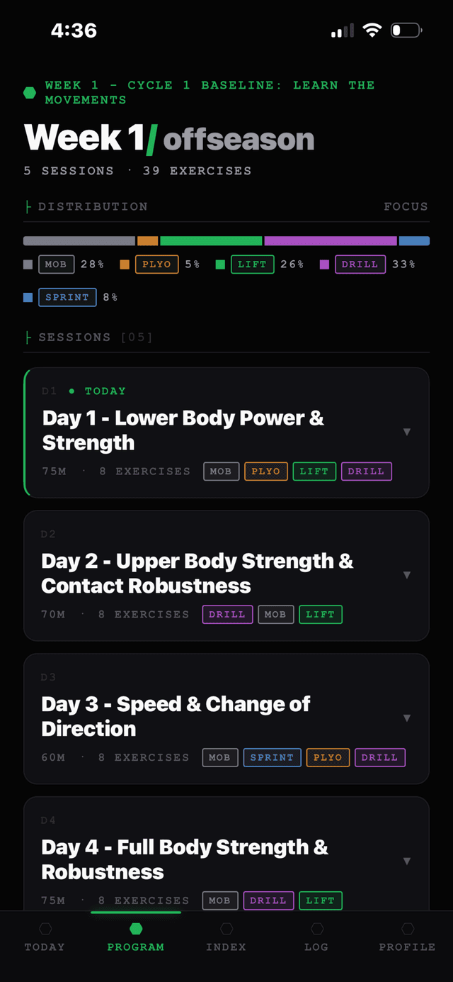 Hexis Pro app — Week 1 program view